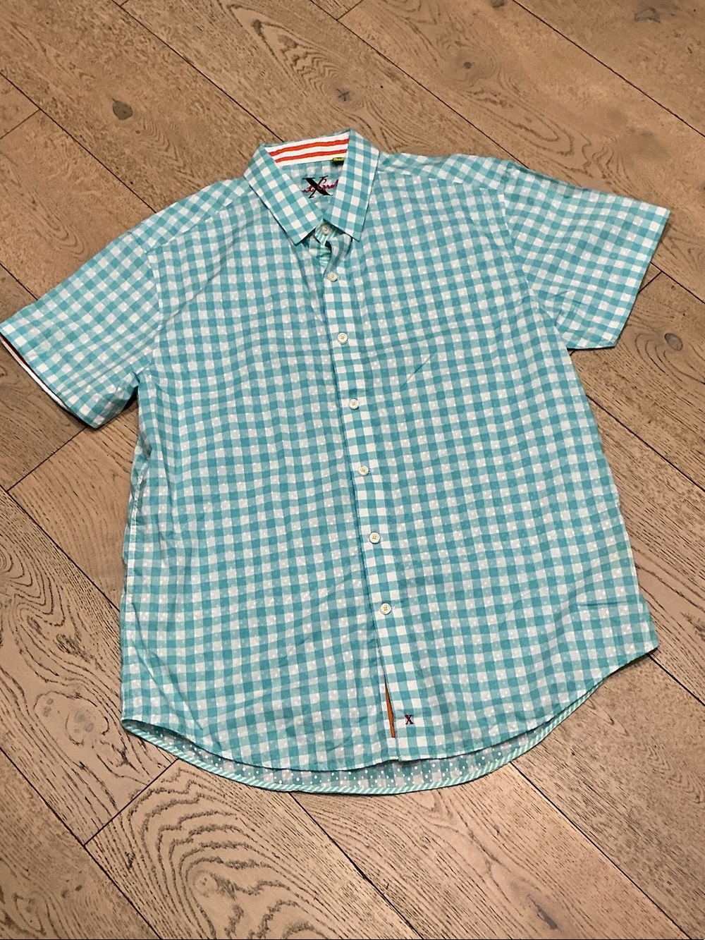 Men’s Robert Graham aqua/white check short sleeve shirt. XL. Like new! Nice!